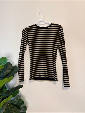 Lauren Ralph Lauren Black & Metallic gold Striped long sleeve Top small